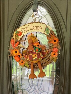 Give Thanks Fall Door Wreath - Orange Autumn Turkey